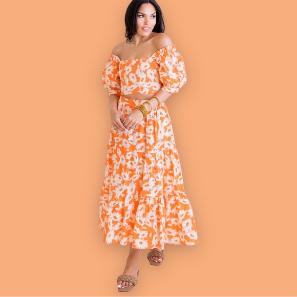 KARLIE Flowy Tiered Orange Blossom Floral Flowy Maxi Ruffle Skirt w POCKETS NWT - Picture 5 of 16